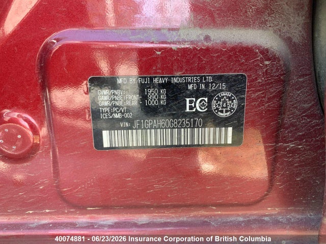 JF1GPAH60G8235170 Subaru Impreza 2.0i Sport Package