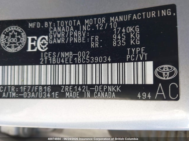 Aukcja sprzedaży 2011 Toyota Corolla Le, vin: 2T1BU4EE1BC539034, numer aukcji: 40074884