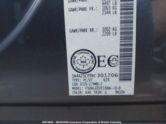 Aukcja sprzedaży 2019 Nissan Leaf, vin: 1N4AZ1CP9KC301706, numer aukcji: 40074893
