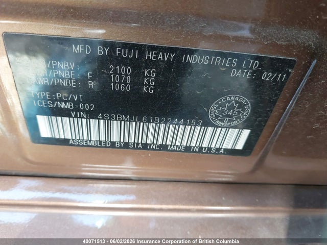 Aukcja sprzedaży 2011 Subaru Legacy 3.6r Limited, vin: 4S3BMJL61B2244153, numer aukcji: 40071513