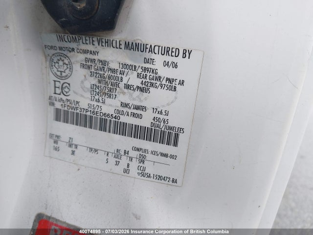 40074895 :رقم المزاد ، 1FDWF37P16ED66540 vin ، 2006 Ford F350 مزاد بيع