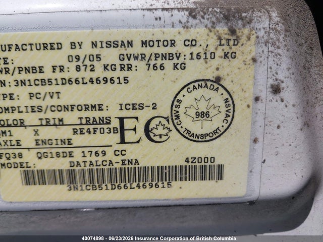Aukcja sprzedaży 2006 Nissan Sentra 1.8/1.8s, vin: 3N1CB51D66L469615, numer aukcji: 40074898