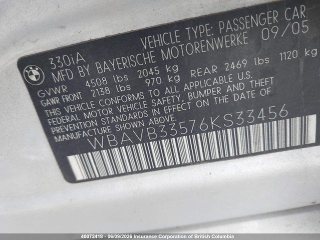 Aukcja sprzedaży 2006 Bmw 330 I, vin: WBAVB33576KS33456, numer aukcji: 40072418
