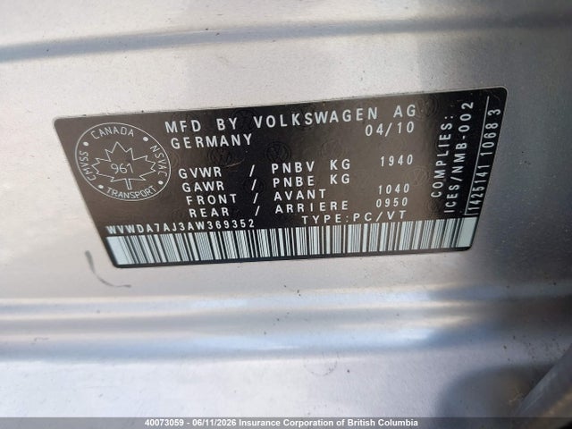 Aukcja sprzedaży 2010 Volkswagen Golf, vin: WVWDA7AJ3AW369352, numer aukcji: 40073059