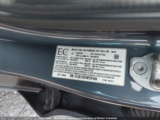2022 Tesla Model 3 მანქანა იყიდება აუქციონზე, vin: 5YJ3E1EB7NF297484, აუქციონის ნომერი: 40074914
