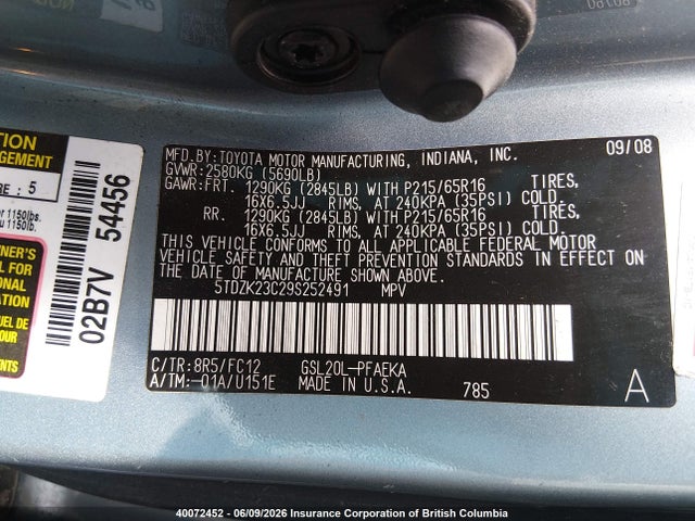 Aukcja sprzedaży 2009 Toyota Sienna Ce/le, vin: 5TDZK23C29S252491, numer aukcji: 40072452
