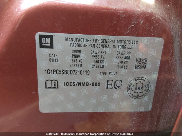 2013 Chevrolet Cruze Lt მანქანა იყიდება აუქციონზე, vin: 1G1PC5SB8D7216119, აუქციონის ნომერი: 40071239