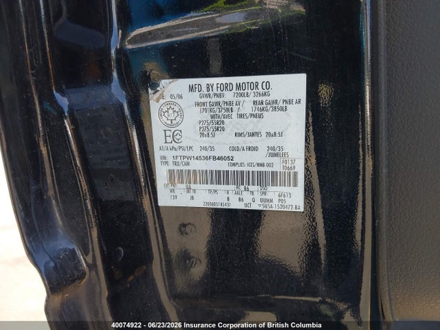 40074922 :رقم المزاد ، 1FTPW14536FB46052 vin ، 2006 Ford F150 مزاد بيع