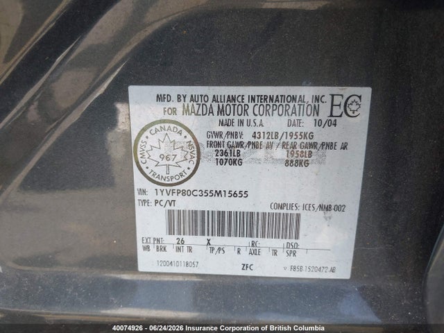 40074926 :رقم المزاد ، 1YVFP80C355M15655 vin ، 2005 Mazda 6 I مزاد بيع