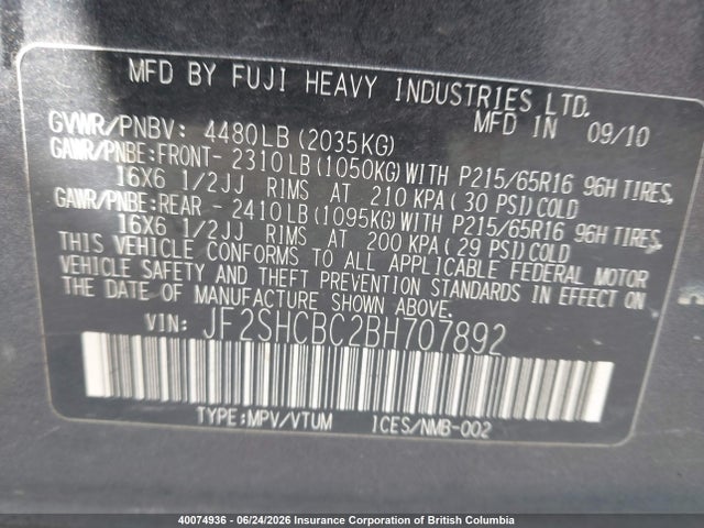 Продажа на аукционе авто 2011 Subaru Forester 2.5x, vin: JF2SHCBC2BH707892, номер лота: 40074936