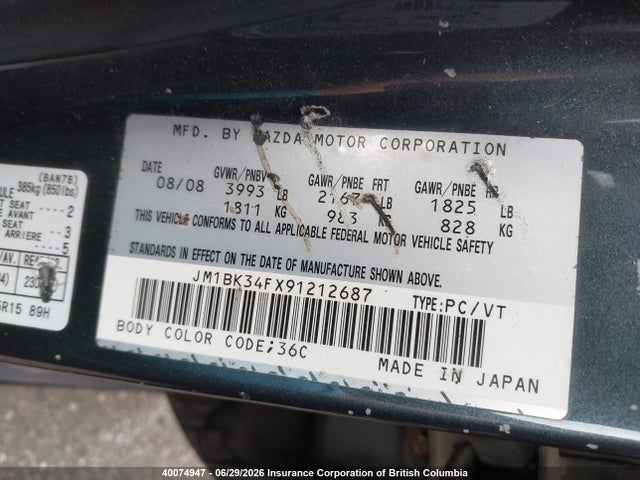Продаж на аукціоні авто 2009 Mazda Mazda3 Gx, vin: JM1BK34FX91212687, номер лоту: 40074947
