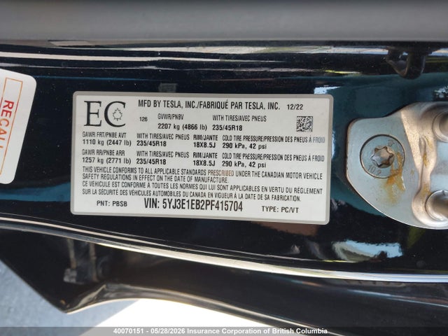 Aukcja sprzedaży 2023 Tesla Model 3, vin: 5YJ3E1EB2PF415704, numer aukcji: 40070151