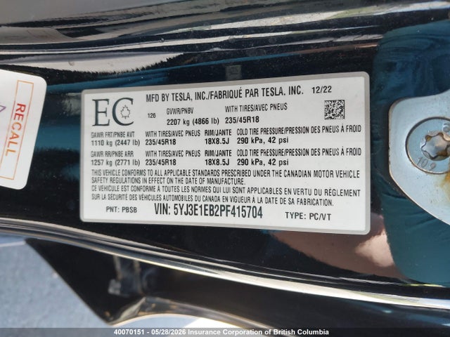 Aukcja sprzedaży 2023 Tesla Model 3, vin: 5YJ3E1EB2PF415704, numer aukcji: 40070151