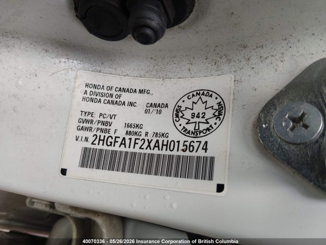 2010 Honda Civic Dx მანქანა იყიდება აუქციონზე, vin: 2HGFA1F2XAH015674, აუქციონის ნომერი: 40070336