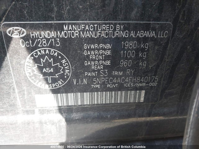 40074956 :رقم المزاد ، 5NPEC4AC4EH840175 vin ، 2014 Hyundai Sonata Se مزاد بيع