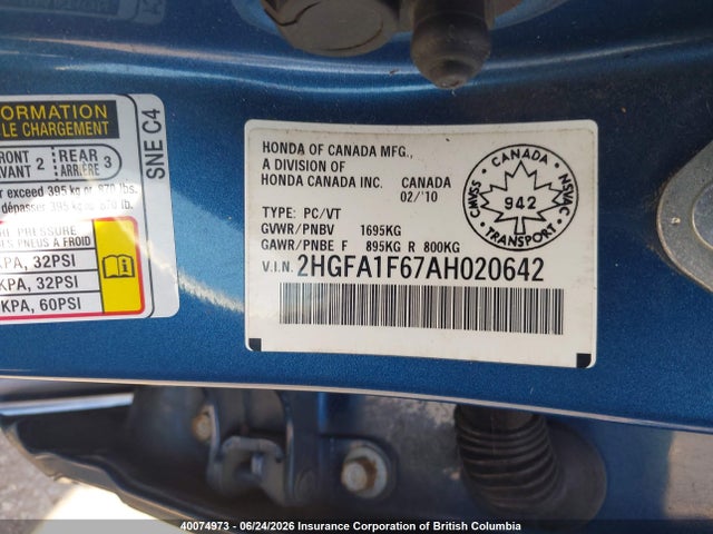 2010 Honda Civic მანქანა იყიდება აუქციონზე, vin: 2HGFA1F67AH020642, აუქციონის ნომერი: 40074973