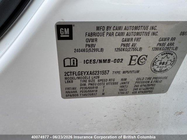 40074977 :رقم المزاد ، 2CTFLGEYXA6231557 vin ، 2010 Gmc Terrain Slt مزاد بيع