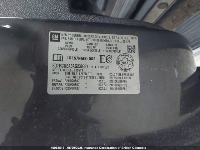 40068516 :رقم المزاد ، 3GTRCUEA8AG230891 vin ، 2010 Gmc Sierra C1500 Sl مزاد بيع