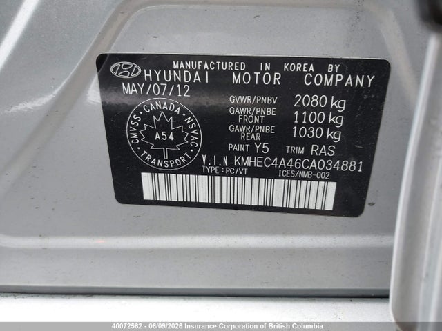 40072562 :رقم المزاد ، KMHEC4A46CA034881 vin ، 2012 Hyundai Sonata Hybrid Hybrid مزاد بيع