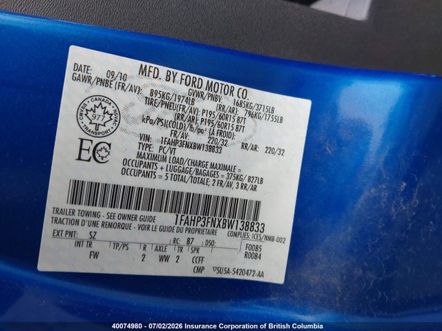 2011 Ford Focus მანქანა იყიდება აუქციონზე, vin: 1FAHP3FNXBW138833, აუქციონის ნომერი: 40074980