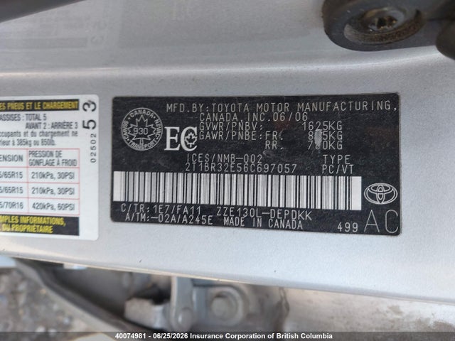 40074981 :رقم المزاد ، 2T1BR32E56C697057 vin ، 2006 Toyota Corolla Ce/le/s مزاد بيع