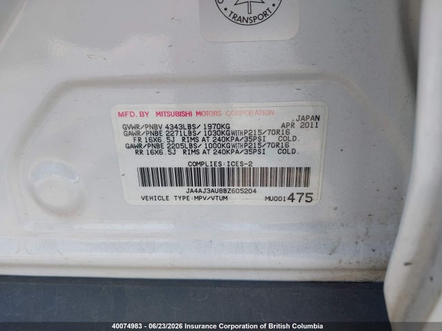 Продажа на аукционе авто 2011 Mitsubishi Rvr, vin: JA4AJ3AU8BZ605204, номер лота: 40074983