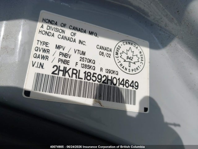Продажа на аукционе авто 2002 Honda Odyssey Lx, vin: 2HKRL18592H014649, номер лота: 40074985