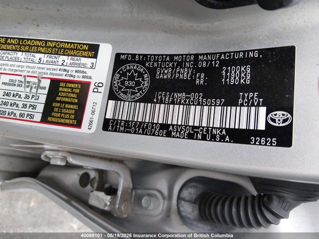 Aukcja sprzedaży 2012 Toyota Camry Se/le/xle, vin: 4T1BF1FKXCU150597, numer aukcji: 40069101