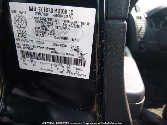 40071304 :رقم المزاد ، 1FMCU9D77AKD36002 vin ، 2010 Ford Escape Xlt مزاد بيع