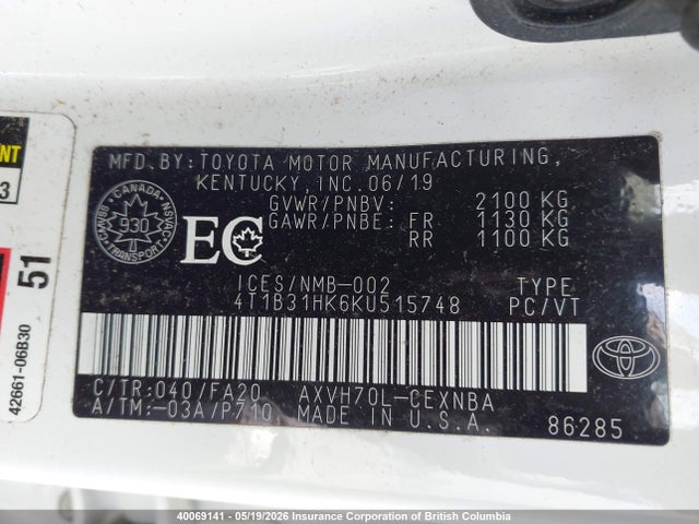 2019 Toyota Camry Le მანქანა იყიდება აუქციონზე, vin: 4T1B31HK6KU515748, აუქციონის ნომერი: 40069141