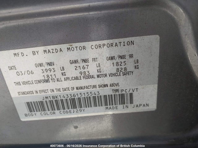 Aukcja sprzedaży 2006 Mazda 3 Hatchback, vin: JM1BK143361515543, numer aukcji: 40073606
