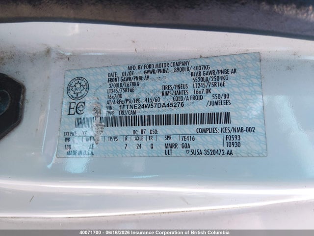 40071700 :رقم المزاد ، 1FTNE24W57DA45276 vin ، 2007 Ford E-250 Commercial/recreational مزاد بيع