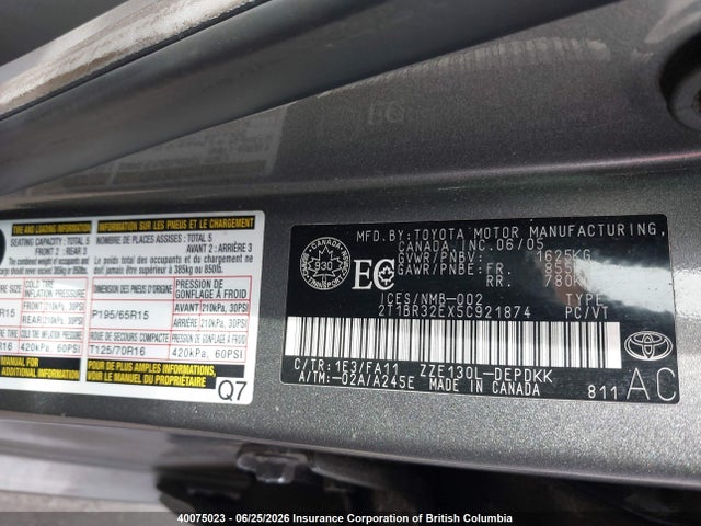 40075023 :رقم المزاد ، 2T1BR32EX5C921874 vin ، 2005 Toyota Corolla Ce/le/s مزاد بيع