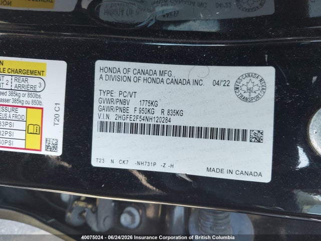 2022 Honda Civic მანქანა იყიდება აუქციონზე, vin: 2HGFE2F54NH120284, აუქციონის ნომერი: 40075024