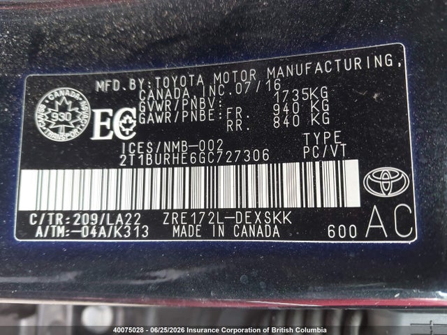 40075028 :رقم المزاد ، 2T1BURHE6GC727306 vin ، 2016 Toyota Corolla L/le/le Pls/prm/s/s Pls مزاد بيع
