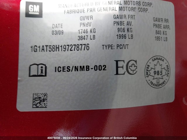 2009 Chevrolet Cobalt Lt მანქანა იყიდება აუქციონზე, vin: 1G1AT58H197278776, აუქციონის ნომერი: 40075030