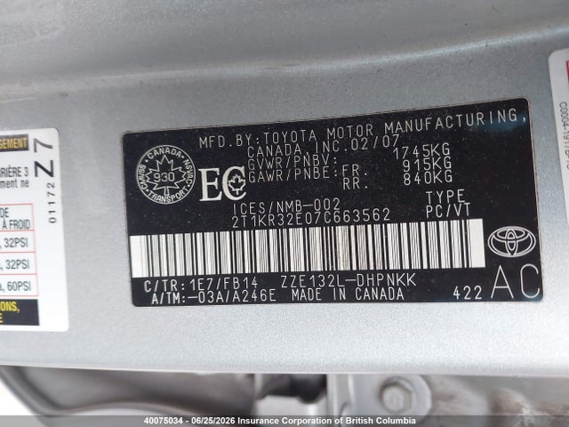 40075034 :رقم المزاد ، 2T1KR32E07C663562 vin ، 2007 Toyota Corolla Matrix Xr مزاد بيع