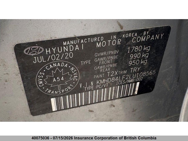 40075036 :رقم المزاد ، KMHD84LF2LU108565 vin ، 2020 Hyundai Elantra Sel/value/limited مزاد بيع