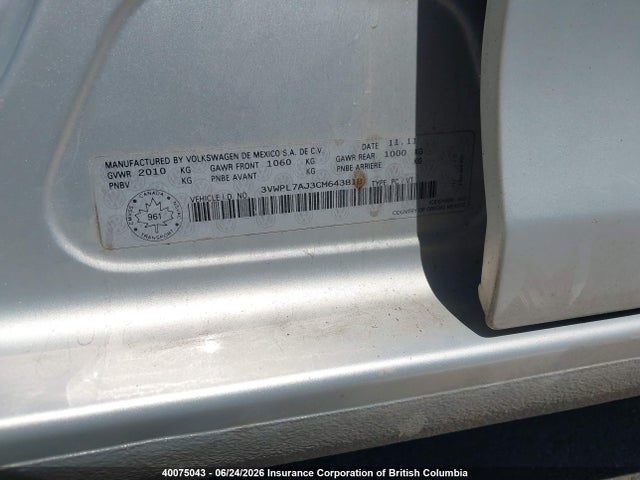 40075043 :رقم المزاد ، 3VWPL7AJ3CM643818 vin ، 2012 Volkswagen Golf مزاد بيع