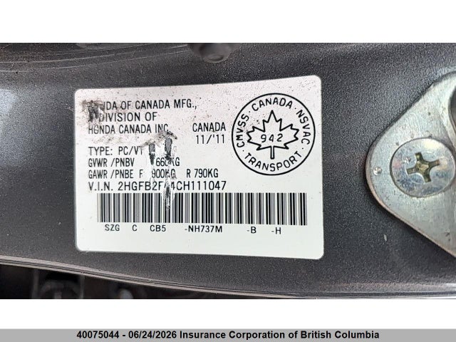 Aukcja sprzedaży 2012 Honda Civic, vin: 2HGFB2F44CH111047, numer aukcji: 40075044