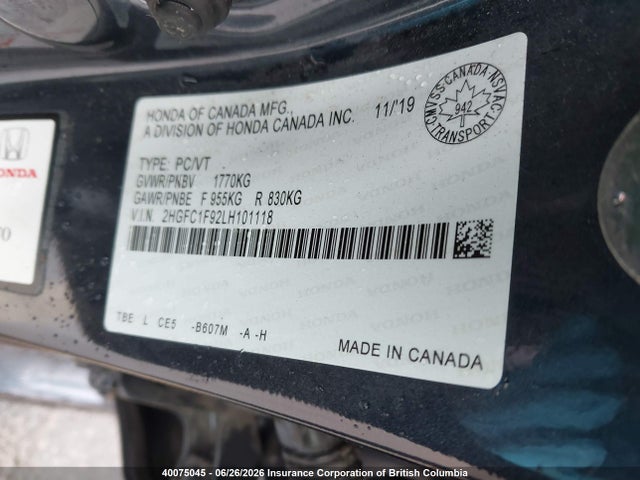 2020 Honda Civic მანქანა იყიდება აუქციონზე, vin: 2HGFC1F92LH101118, აუქციონის ნომერი: 40075045