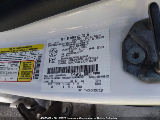 Продаж на аукціоні авто 2013 Ford Fusion Se Hybrid, vin: 3FA6P0LU3DR307999, номер лоту: 40073432