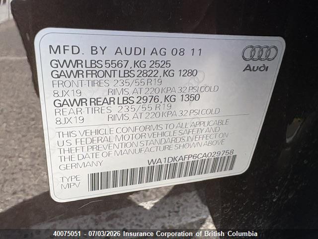 40075051 :رقم المزاد ، WA1DKAFP6CA029758 vin ، 2012 Audi Q5 مزاد بيع