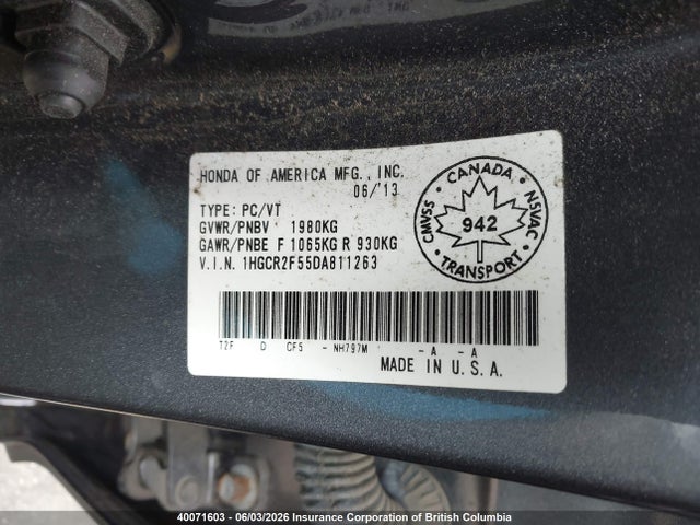 2013 Honda Accord Sport მანქანა იყიდება აუქციონზე, vin: 1HGCR2F55DA811263, აუქციონის ნომერი: 40071603