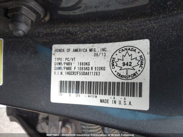 2013 Honda Accord Sport მანქანა იყიდება აუქციონზე, vin: 1HGCR2F55DA811263, აუქციონის ნომერი: 40071603