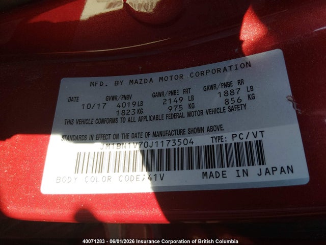 JM1BN1V70J1173504 Mazda 3 Gs
