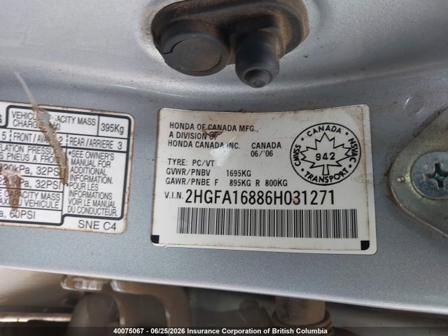 2006 Honda Civic მანქანა იყიდება აუქციონზე, vin: 2HGFA16886H031271, აუქციონის ნომერი: 40075067