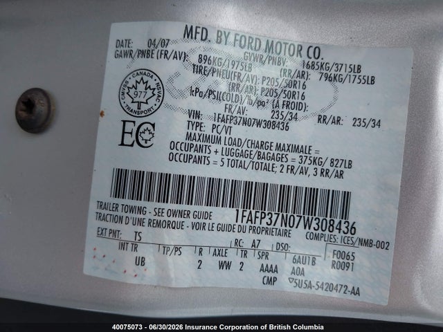 2007 Ford Focus მანქანა იყიდება აუქციონზე, vin: 1FAFP37N07W308436, აუქციონის ნომერი: 40075073