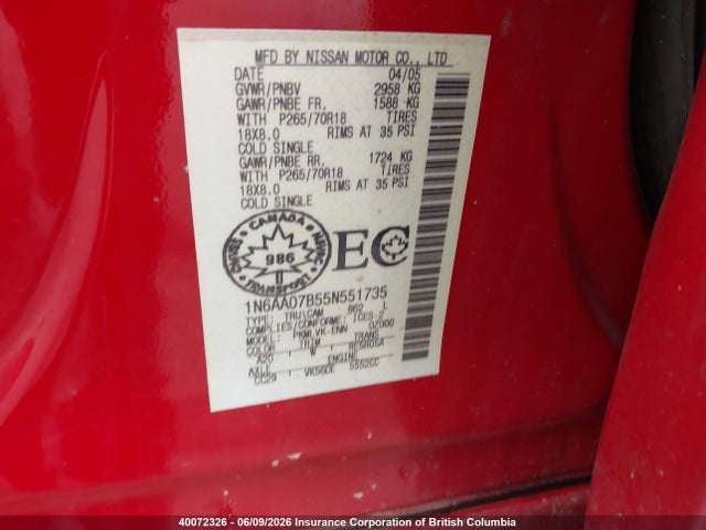 Aukcja sprzedaży 2005 Nissan Titan Xe/se/le, vin: 1N6AA07B55N551735, numer aukcji: 40072326