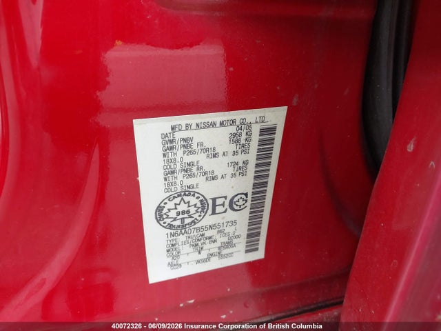 Aukcja sprzedaży 2005 Nissan Titan Xe/se/le, vin: 1N6AA07B55N551735, numer aukcji: 40072326